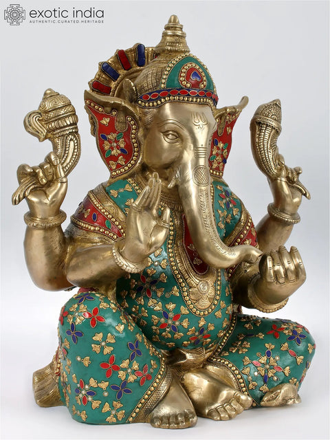 19'' Seated Ganesha With Colorful Stone Work | Brass