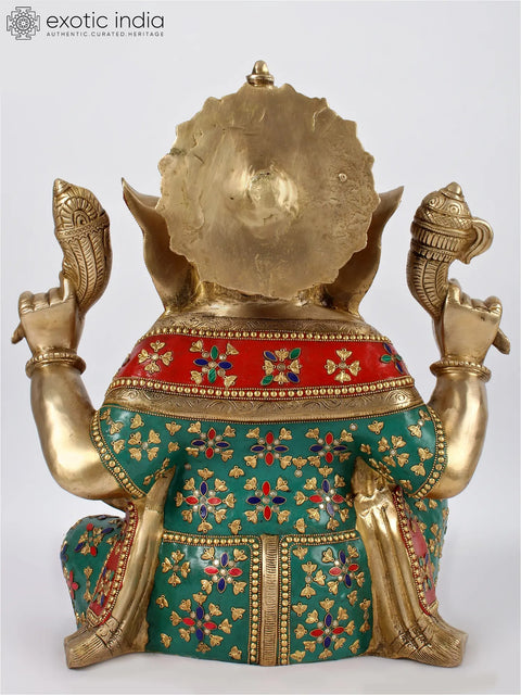19'' Seated Ganesha With Colorful Stone Work | Brass