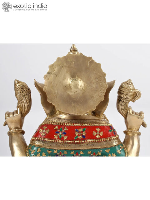 19'' Seated Ganesha With Colorful Stone Work | Brass