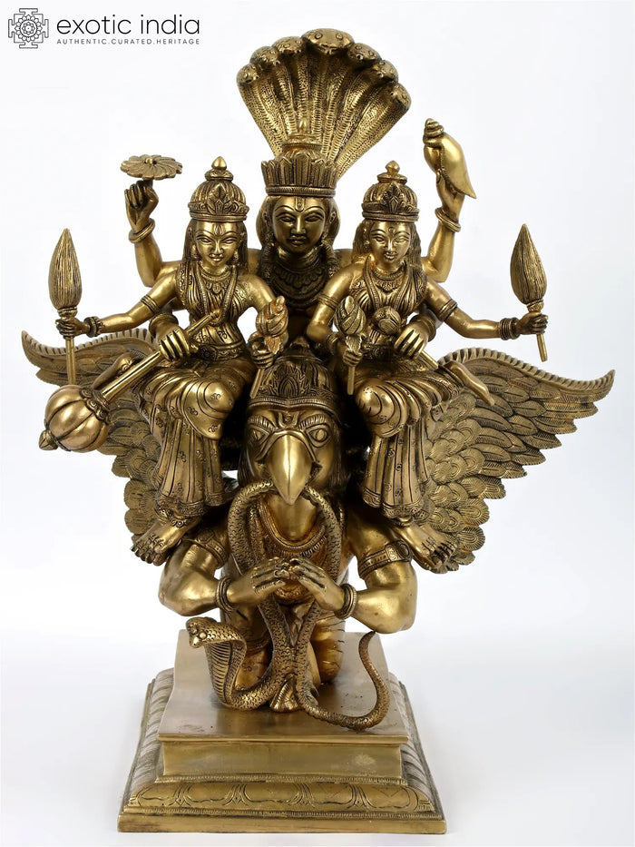 18" Sridevi Bhudevi Vishnu Seated on Garuda Brass Statue