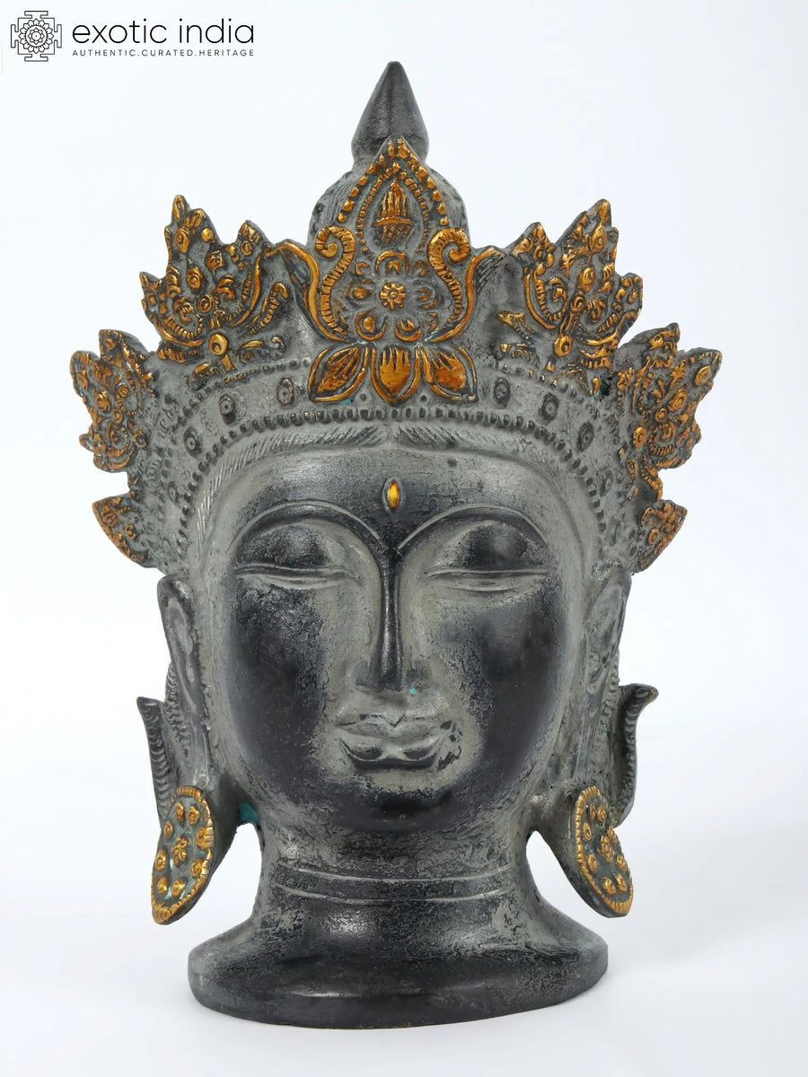 8" Yellow Crowned Peaceful Buddha Head Brass Statue