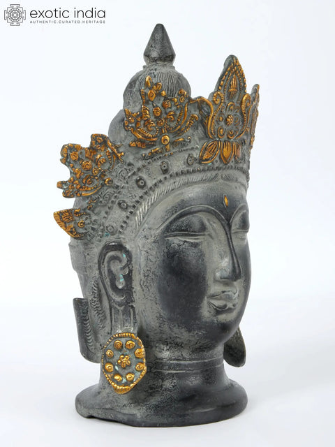 8'' Yellow Crowned Peaceful Buddha Head | Brass