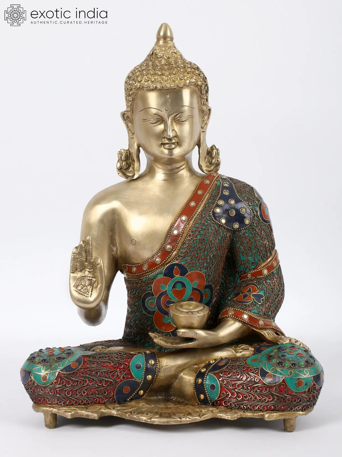 15" Preaching Buddha Brass Statue with Stone Filigree Work