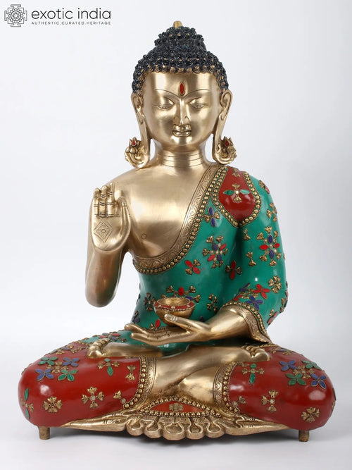 19" Brass Tibetan Buddhist Preaching Buddha Statue with Stone Work
