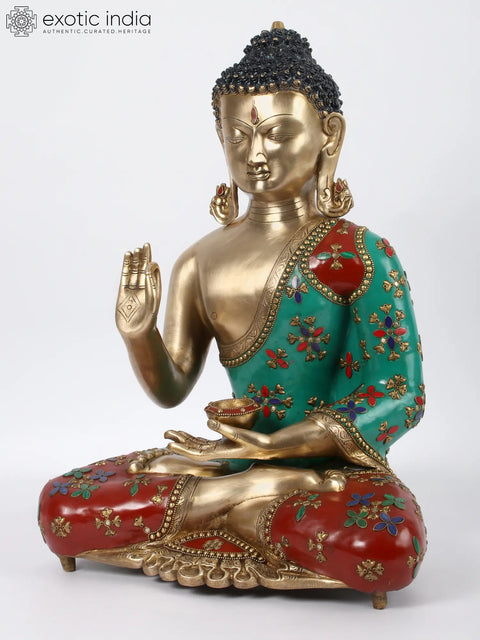 19" Brass with Stone Work Tibetan Buddhist Preaching Buddha