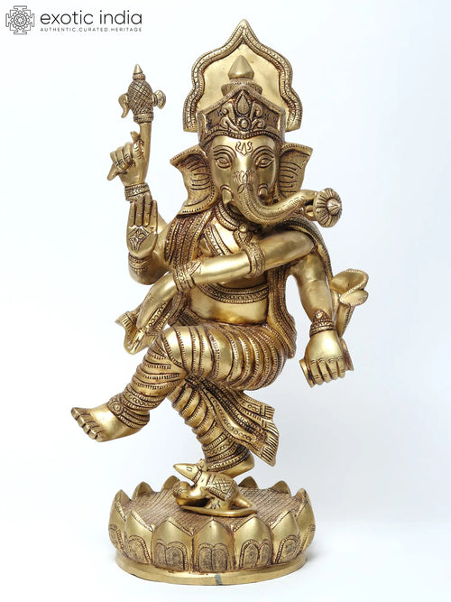 18" Four-Armed Dancing Ganesha Brass Statue for Home Decor