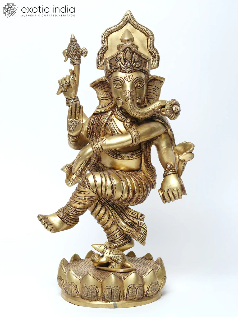 18" Four-Armed Dancing Ganesha Brass Statue for Home Decor