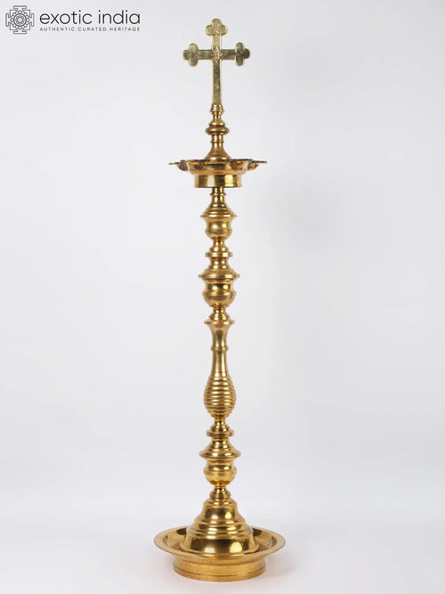 46" Large Brass Oil Lamp with Cross Top Statue