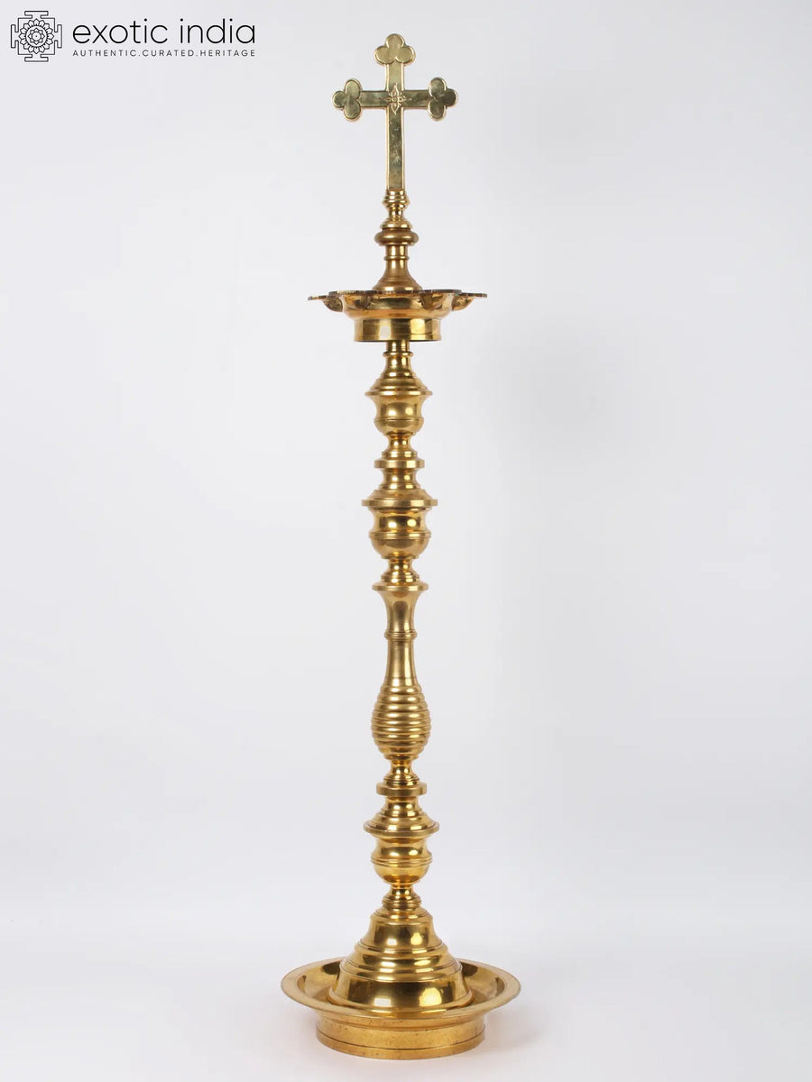 46" Large Brass Oil Lamp with Cross Top Statue