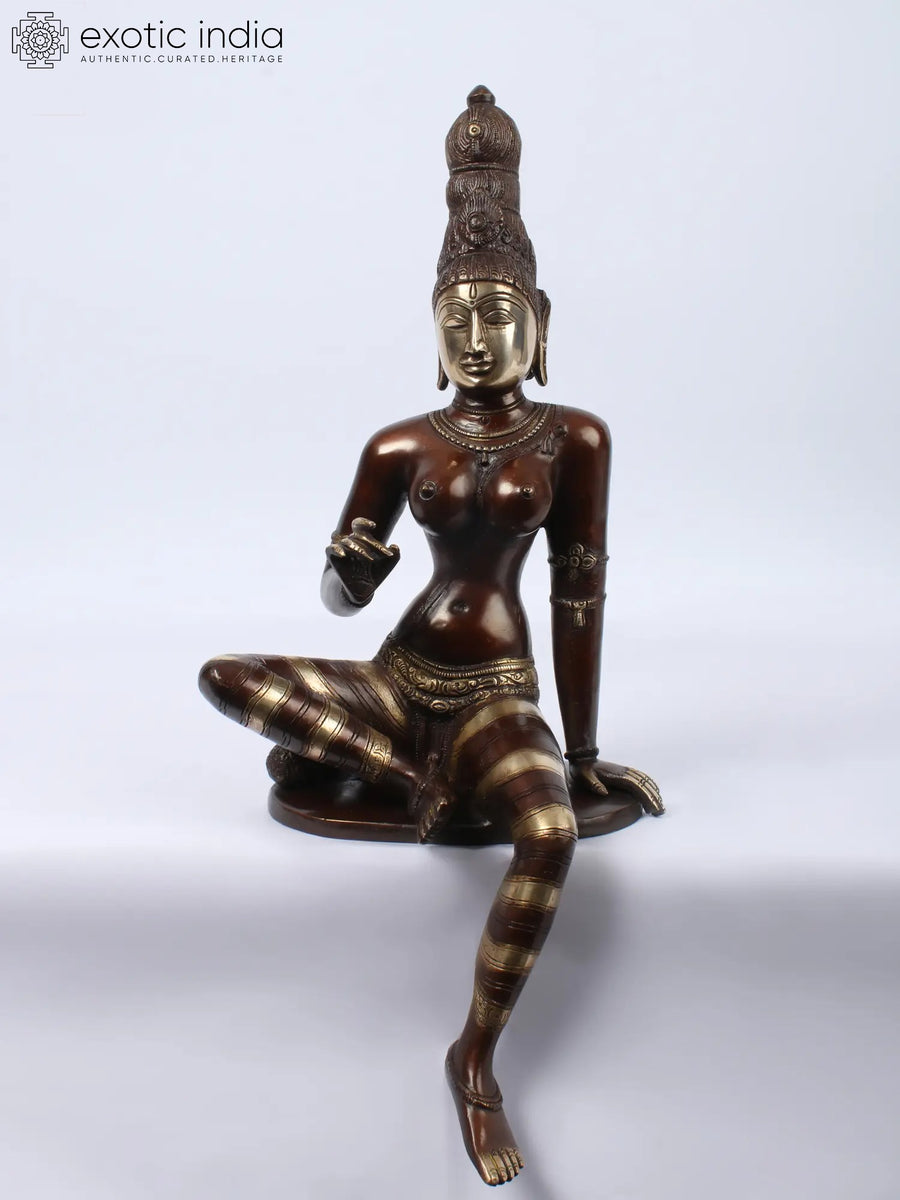 19" Goddess Uma Seated Brass Statue with Gold Accents