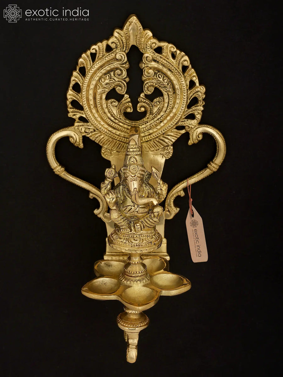 11" Lord Ganesha Multi-Wick Brass Lamp Wall Hanging