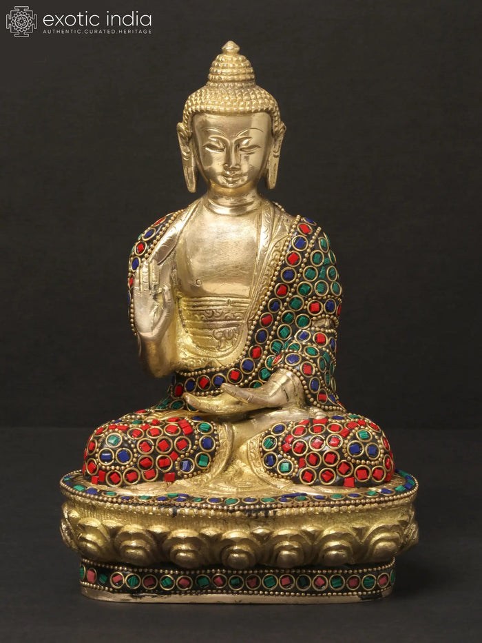 8" Seated Buddha Vitarka Mudra Brass Statue with Inlay Work