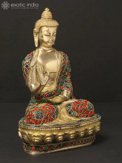 8'' Seated Vitarka Mudra Buddha | Brass With Inlay Work