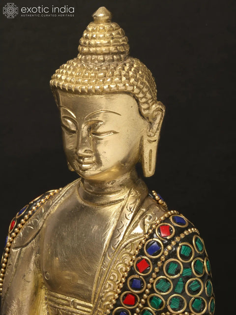 8'' Seated Vitarka Mudra Buddha | Brass With Inlay Work