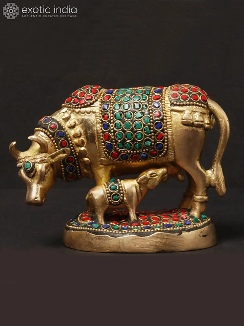 Standing Calf and Cow Brass Sculpture with Inlay Work