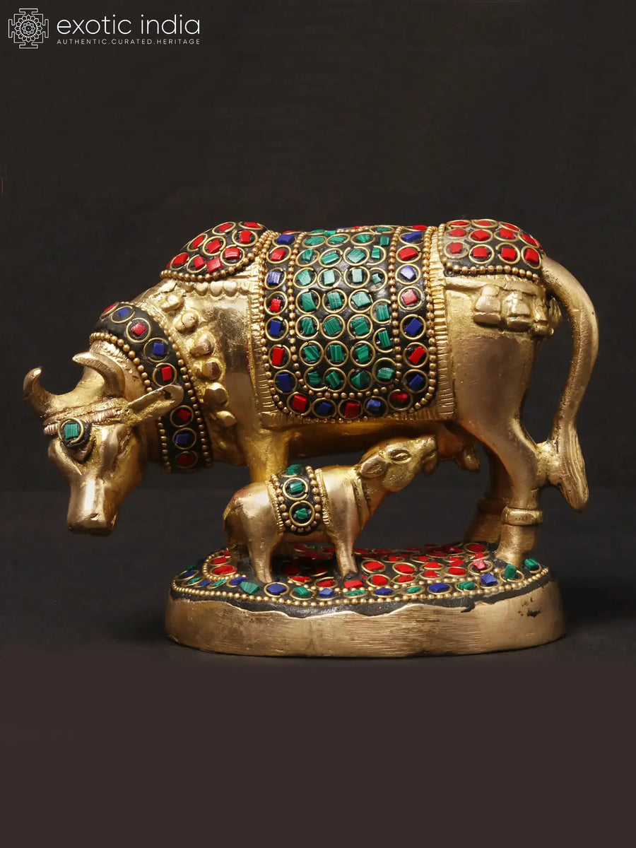 Standing Calf and Cow Brass Sculpture with Inlay Work