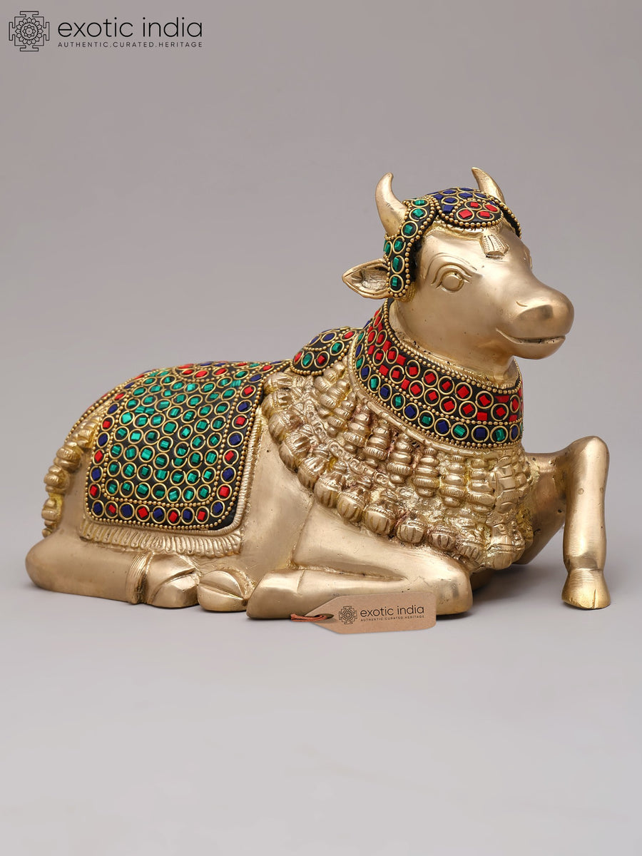 10" Seated Nandi Brass Statue with Inlay Work