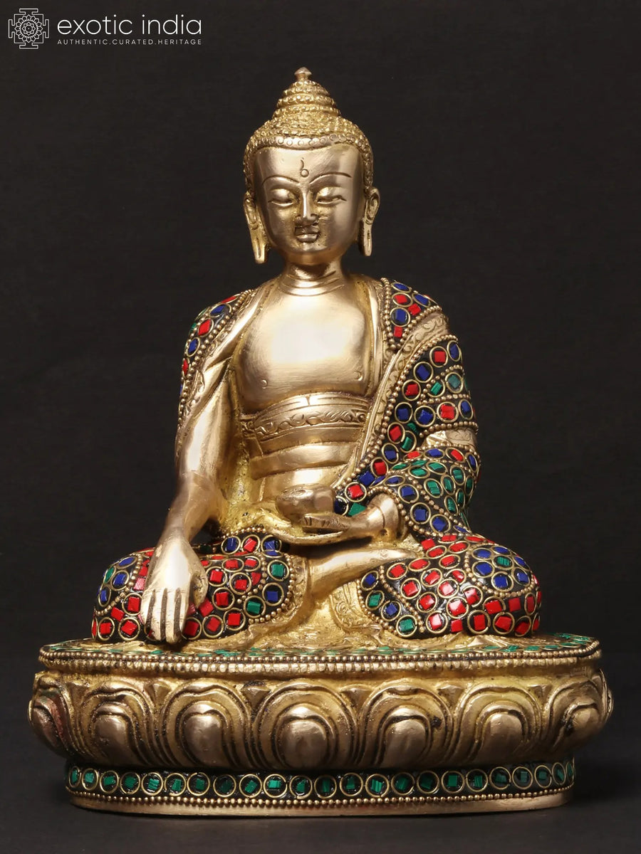 8" Seated Buddha Bhumisparsha Mudra Brass Statue with Inlay