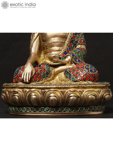 8'' Seated Bhumisparsha Mudra Buddha | Brass With Inlay Work