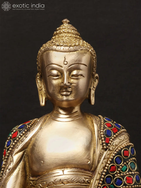 8'' Seated Bhumisparsha Mudra Buddha | Brass With Inlay Work
