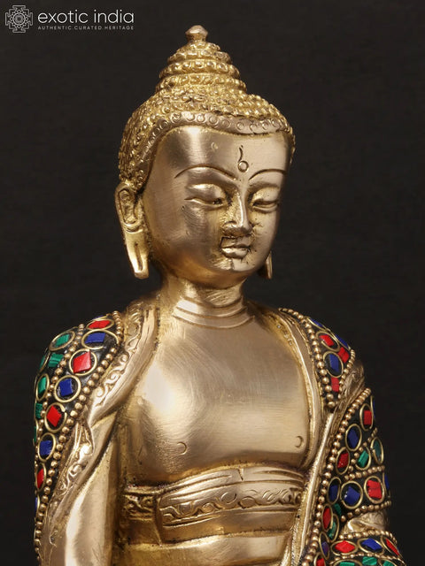 8'' Seated Bhumisparsha Mudra Buddha | Brass With Inlay Work