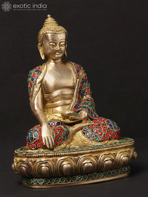 8'' Seated Bhumisparsha Mudra Buddha | Brass With Inlay Work