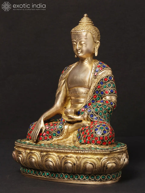 8'' Seated Bhumisparsha Mudra Buddha | Brass With Inlay Work