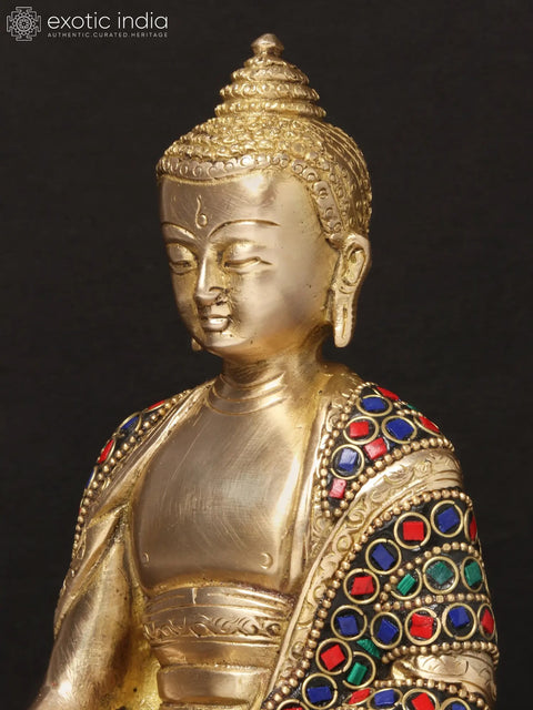 8'' Seated Bhumisparsha Mudra Buddha | Brass With Inlay Work