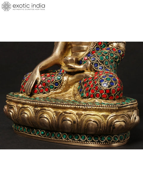 8'' Seated Bhumisparsha Mudra Buddha | Brass With Inlay Work