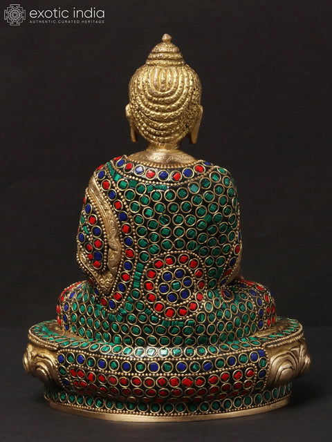 8'' Seated Bhumisparsha Mudra Buddha | Brass With Inlay Work