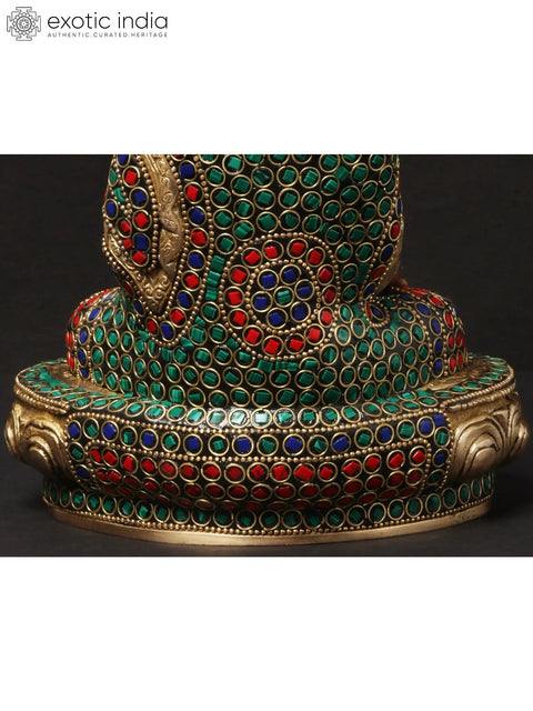 8'' Seated Bhumisparsha Mudra Buddha | Brass With Inlay Work