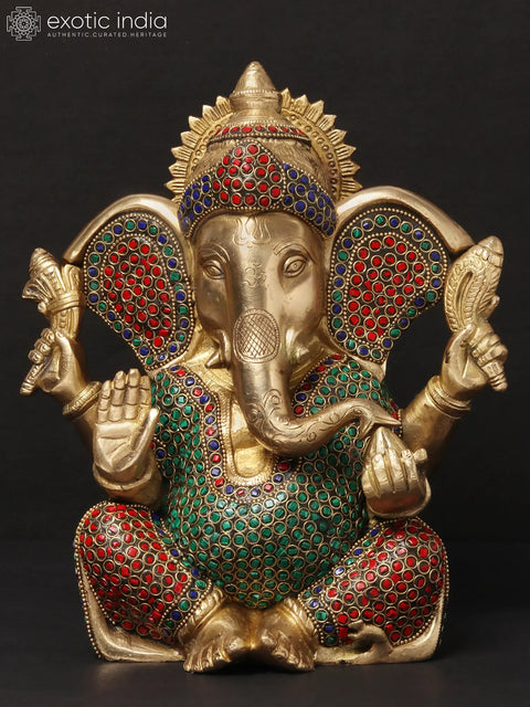 11'' Four-Handed Blessing Ganesha | Brass With Inlay Work