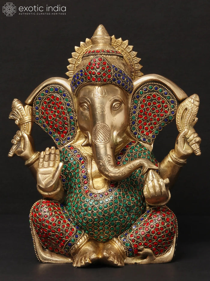 11" Four-Handed Ganesha Brass Statue with Inlay Work