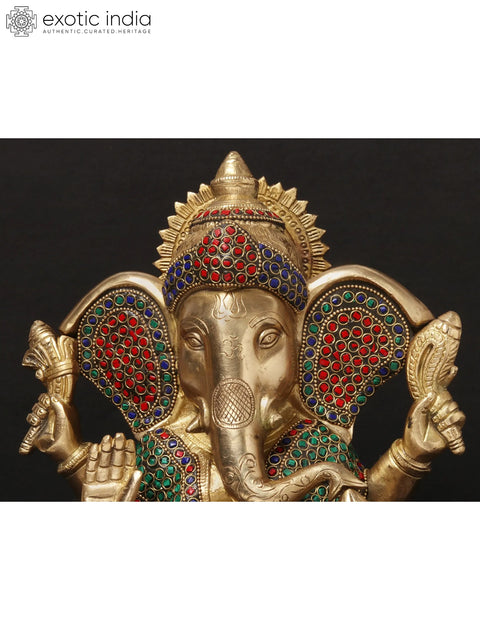 11'' Four-Handed Blessing Ganesha | Brass With Inlay Work