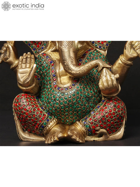 11'' Four-Handed Blessing Ganesha | Brass With Inlay Work