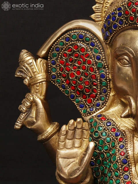 11'' Four-Handed Blessing Ganesha | Brass With Inlay Work