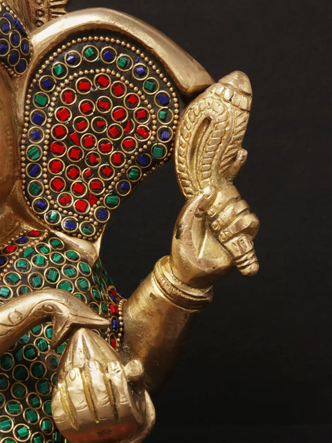 11'' Four-Handed Blessing Ganesha | Brass With Inlay Work