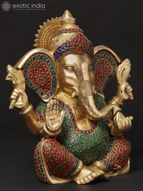 11'' Four-Handed Blessing Ganesha | Brass With Inlay Work