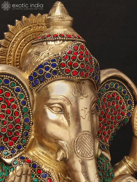 11'' Four-Handed Blessing Ganesha | Brass With Inlay Work