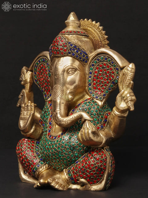 11'' Four-Handed Blessing Ganesha | Brass With Inlay Work