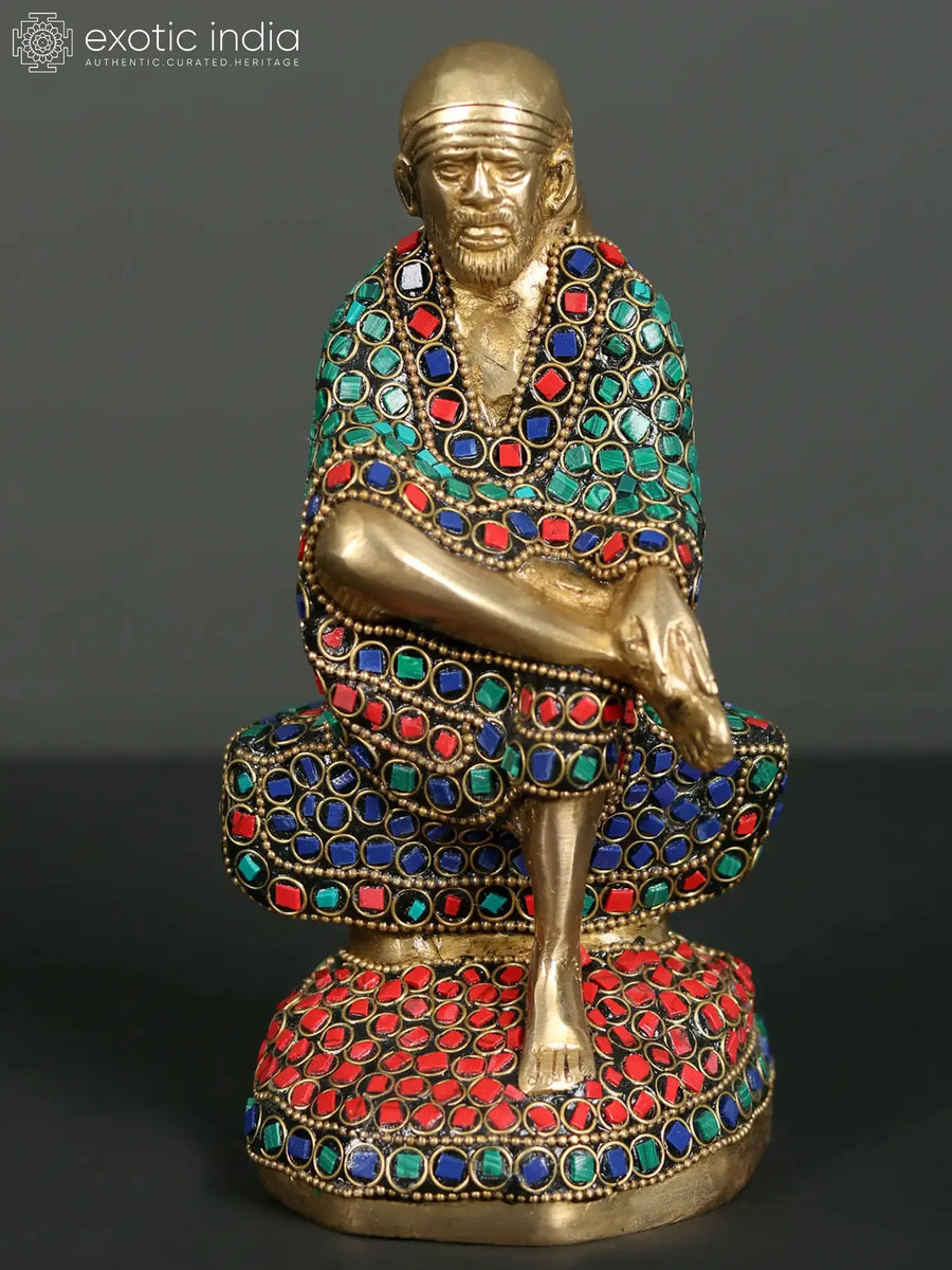 Seated Saint Sai Baba Brass Statue with Inlay Work