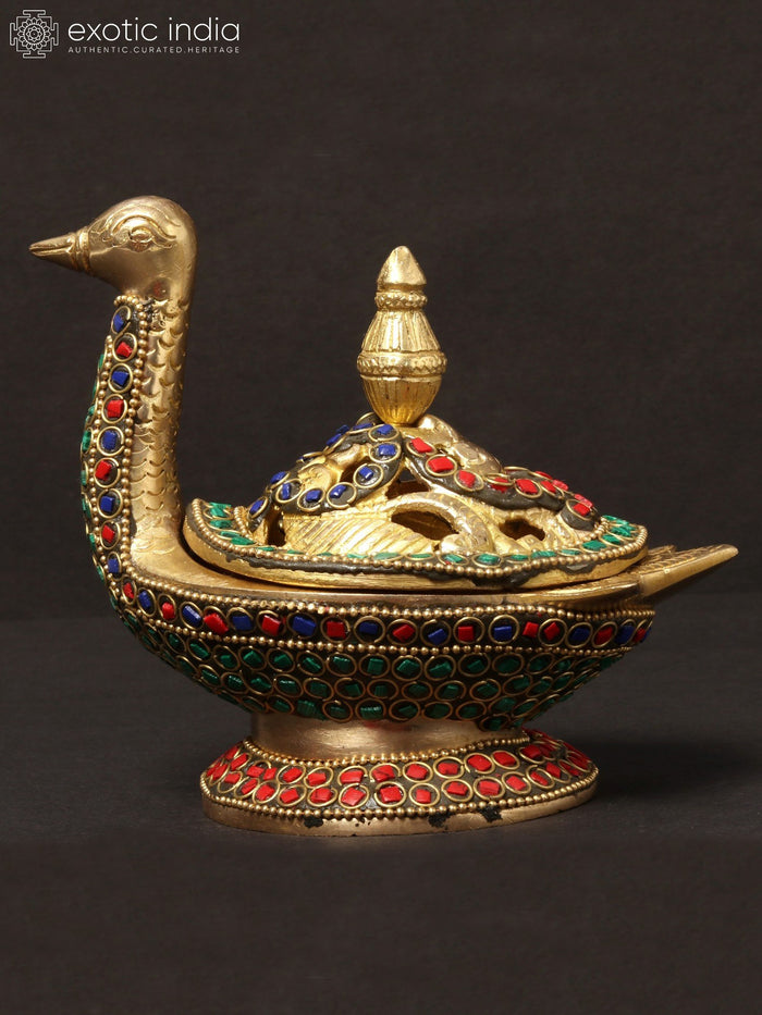 5" Handmade Peacock Brass Incense Burner with Inlay