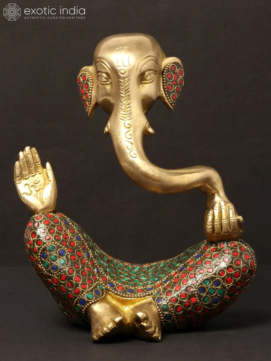 7" Stylised Ganesha Modern Art Brass Statue with Inlay Work