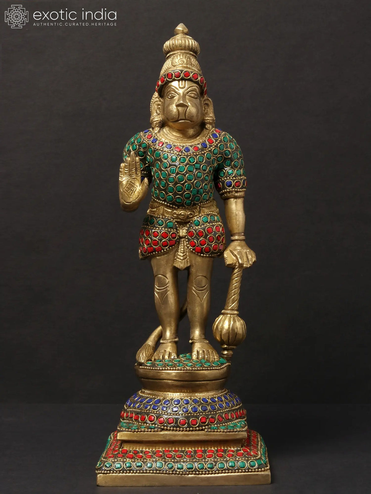 12" Standing Hanuman Bhaktha Brass Statue with Inlay Work