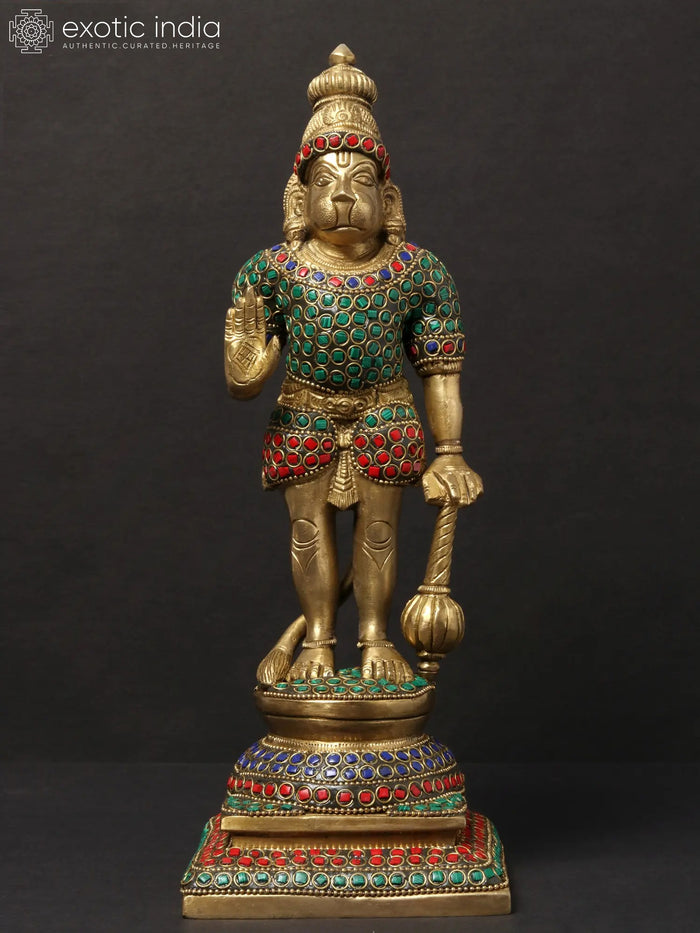 12" Standing Hanuman Bhaktha Brass Statue with Inlay Work