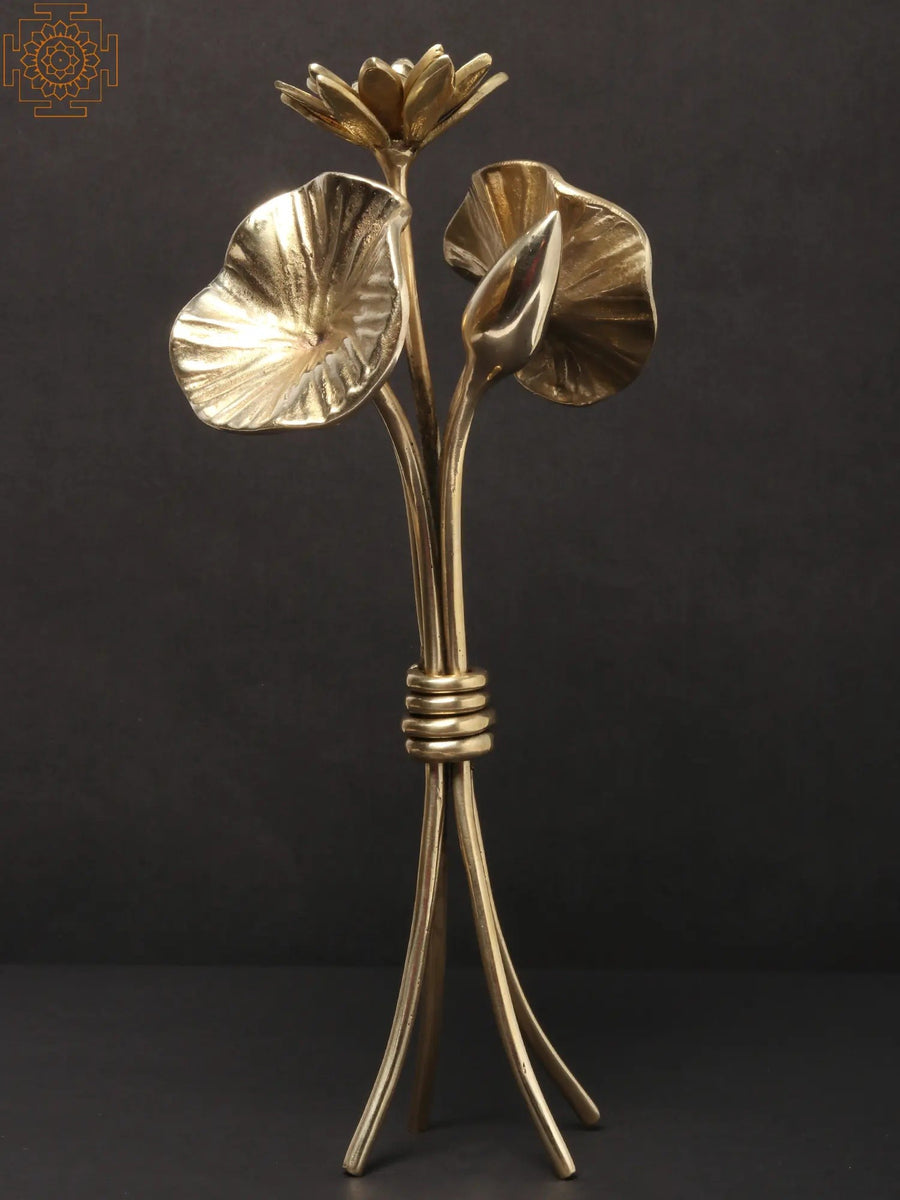 11" Brass Flowering Plant Statue for Home Decor