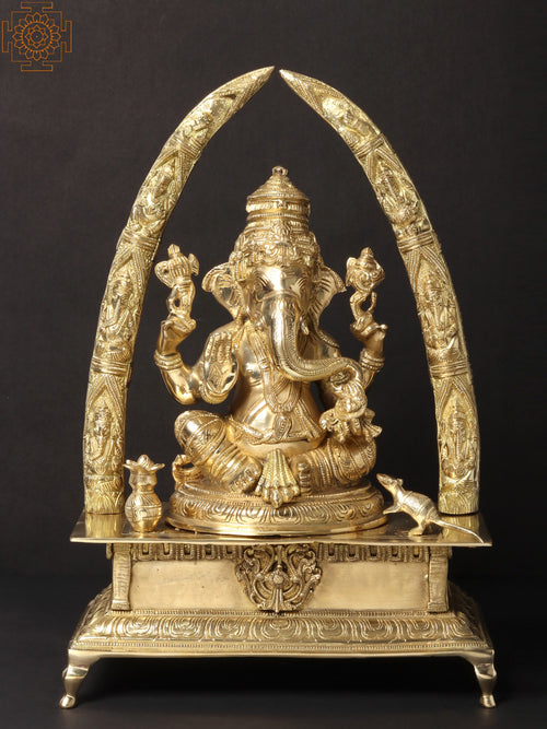 17" Four-Handed Ganesha Brass Statue with Arch