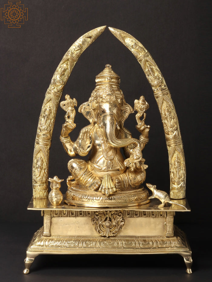 17" Four-Handed Ganesha Brass Statue with Arch
