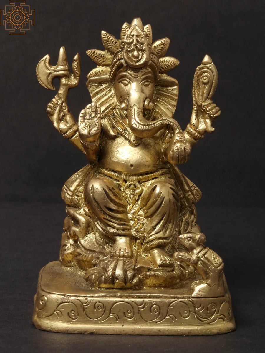 3" Small Brass Ganesha Statue with Mushak Handmade