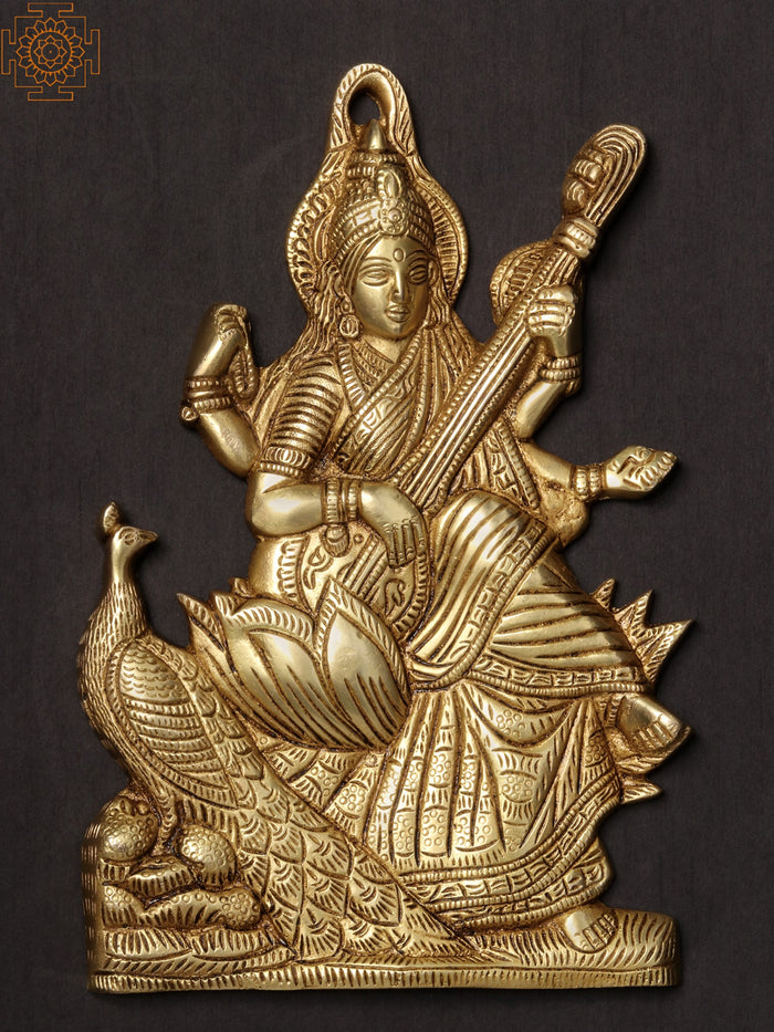 9'' Goddess Saraswati Wall Hanging Brass Statue